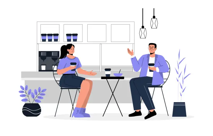 Couples in the Coffee Shop Talking at a Table Character Illustration
